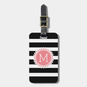 Monogramed Black & White Stripes & White Wreath Luggage Tag