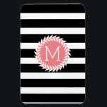 Monogramed Black & White Stripes & White Wreath Magnet<br><div class="desc">Elegant white floral wreath over black and white stripes. Pink circle accent with customisable monogram. Many colour combination is available but any colours can be requested. If you need any help customising, changing colour, or anything else to any of my designs, contact ArtOnWear designer. Free text formatting with live help...</div>