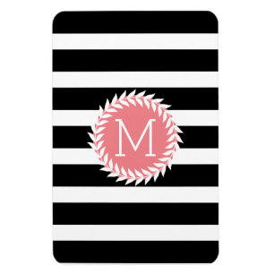 Monogramed Black & White Stripes & White Wreath Magnet