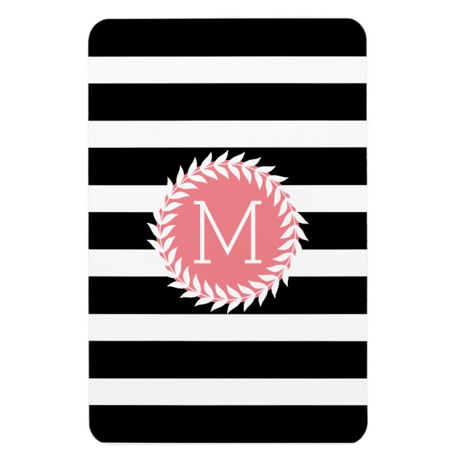 Monogramed Black & White Stripes & White Wreath Magnet (Vertical)
