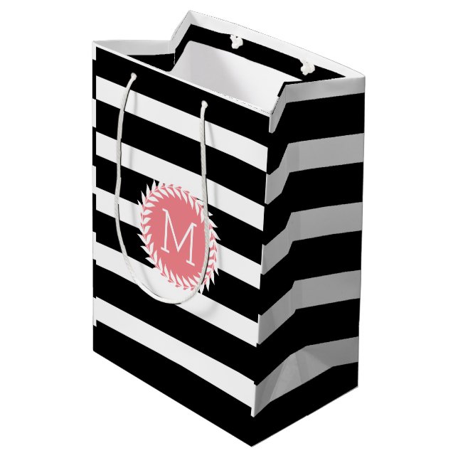 Monogramed Black & White Stripes & White Wreath Medium Gift Bag (Back Angled)