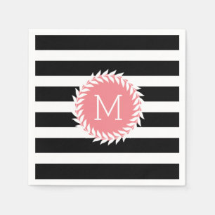 Monogramed Black & White Stripes & White Wreath Napkin