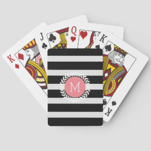 Monogramed Black & White Stripes & White Wreath Playing Cards