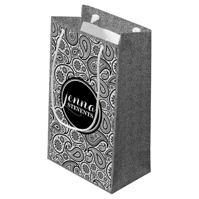 Monogramed Black & White Vintage paisley Pattern Small Gift Bag (Back Angled)