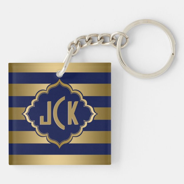 Monogramed Blue And Gold Stripes Modern Design Key Ring (Back)
