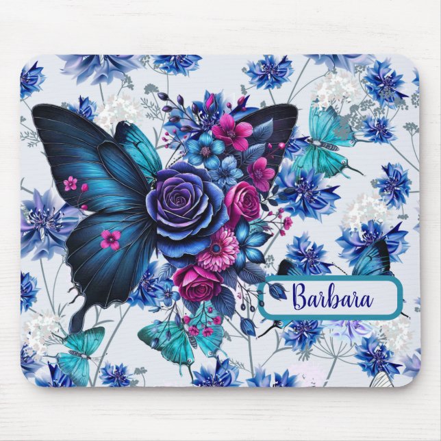 Monogramed Blue Butterflies And Flowers Mouse Mat (Front)