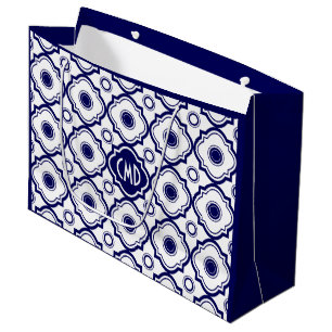 Monogramed Blue & White Quatrefoil Pattern Large Gift Bag