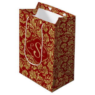 Monogramed Burgundy & Metallic Gold Floral Damasks Medium Gift Bag