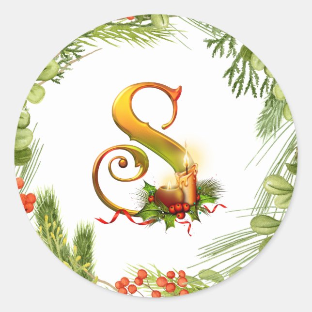 Monogramed Christmas Sticker with Wreath (Front)