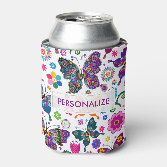 Monogramed Colourful Butterflies & Flowers Pattern Can Cooler (Can Front)