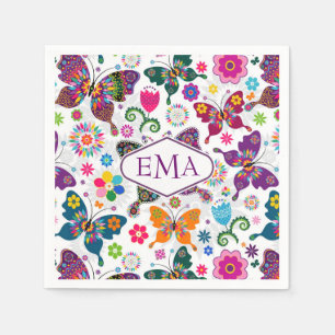 Monogramed Colourful Butterflies & Flowers Pattern Napkin