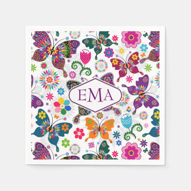 Monogramed Colourful Butterflies & Flowers Pattern Napkin (Front)