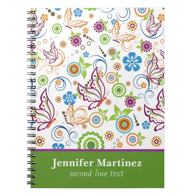 Monogramed Colourful Butterflies & Flowers Pattern Notebook (Front)
