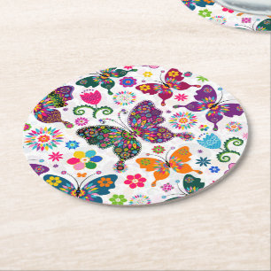 Monogramed Colourful Butterflies & Flowers Pattern Round Paper Coaster