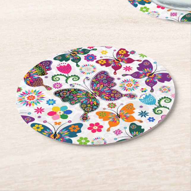 Monogramed Colourful Butterflies & Flowers Pattern Round Paper Coaster (Angled)