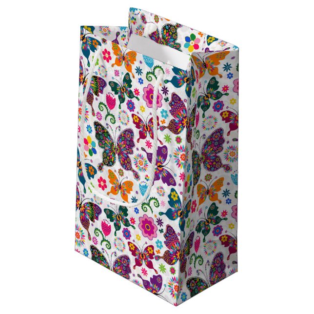 Monogramed Colourful Butterflies & Flowers Pattern Small Gift Bag (Back Angled)