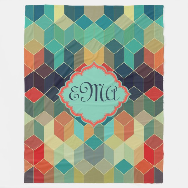 Monogramed Colourful Cubes Geometric Pattern Fleece Blanket (Front)