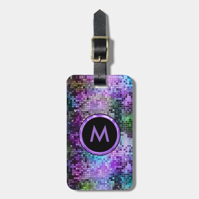 Monogramed Colourful Disco Glitter Purple Overtone Luggage Tag (Front Vertical)