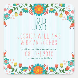 Monogramed Colourful Floral Frame Illustration Square Sticker