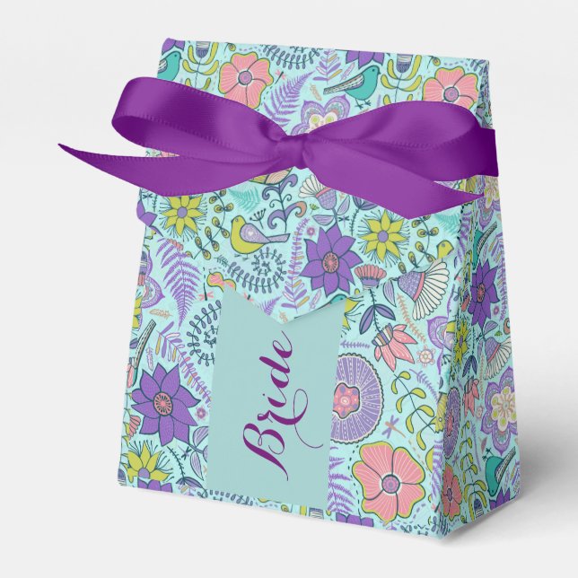 Monogramed Colourful Retro Flowers And Birds 2 Favour Box (Front Side)
