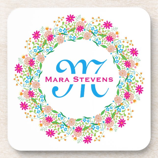 Monogramed Colourful Summer Country Flowers Coaster (Front)