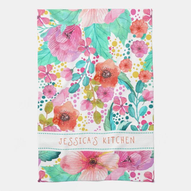 Monogramed Colourful WaterColor Floral Collage Tea Towel (Vertical)