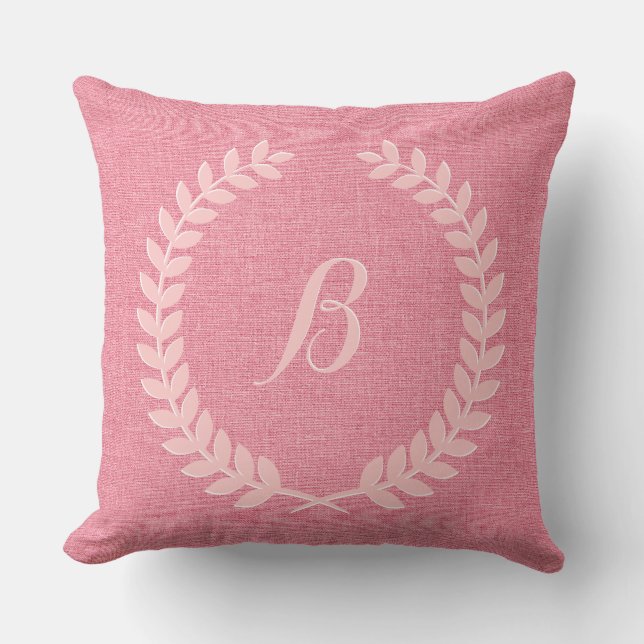 Monogramed Coral Red Linen And Pink Wreath Cushion (Front)
