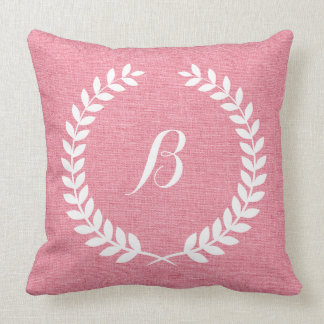 Monogramed Coral Red Linen And White Wreath Cushion