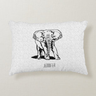 Monogramed Cute Black Elephant Line Drawing Decorative Cushion