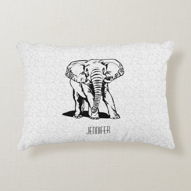 Monogramed Cute Black Elephant Line Drawing Decorative Cushion (Front)