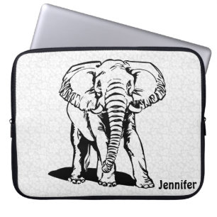 Monogramed Cute Black Elephant Line Drawing Laptop Sleeve