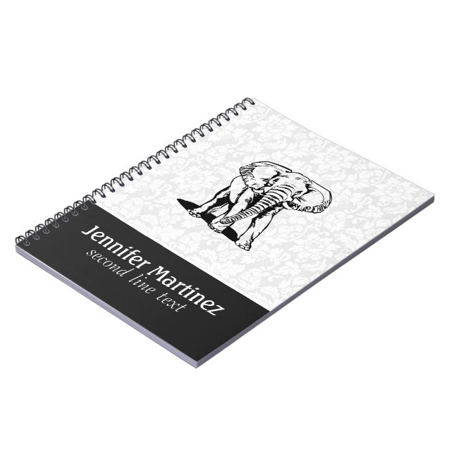 Monogramed Cute Black Elephant Line Drawing Notebook (Left Side)