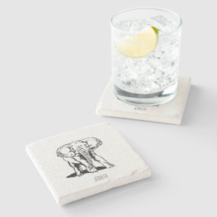 Monogramed Cute Black Elephant Line Drawing Stone Coaster