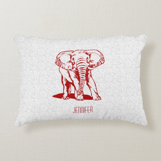 Monogramed Cute Dark Red Elephant Line Drawing Decorative Cushion (Front)