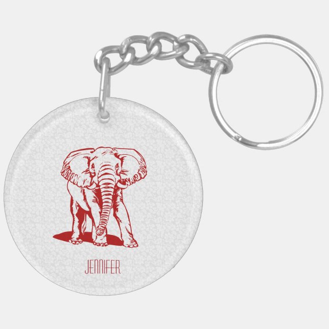 Monogramed Cute Dark Red Elephant Line Drawing Key Ring (Back Right)