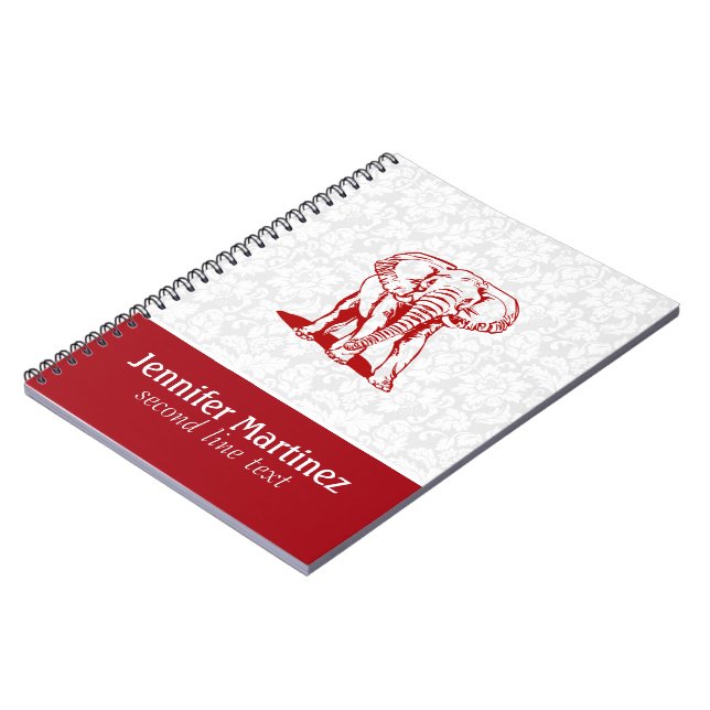 Monogramed Cute Dark Red Elephant Line Drawing Notebook (Left Side)