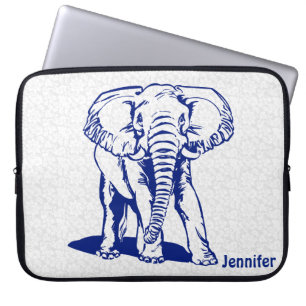 Monogramed Cute Navy Blue Elephant Line Drawing Laptop Sleeve
