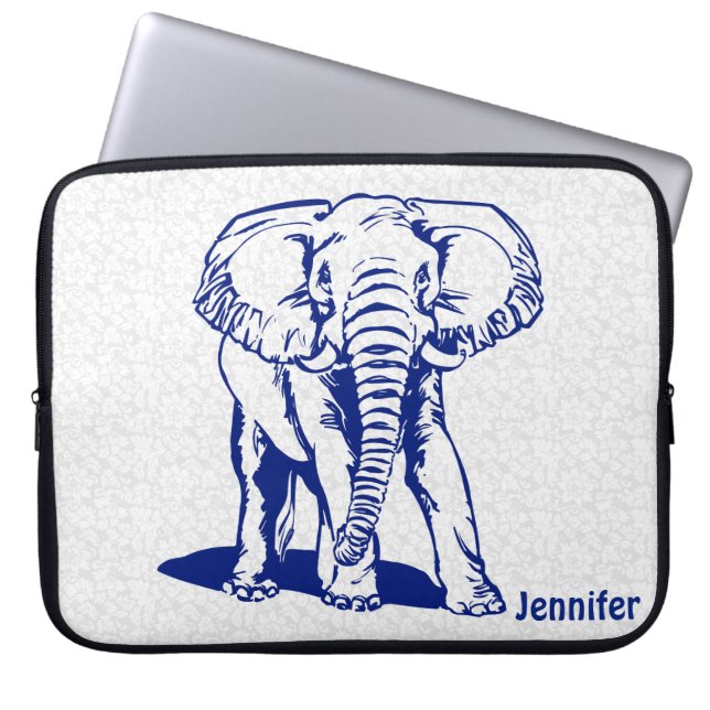 Monogramed Cute Navy Blue Elephant Line Drawing Laptop Sleeve (Front)