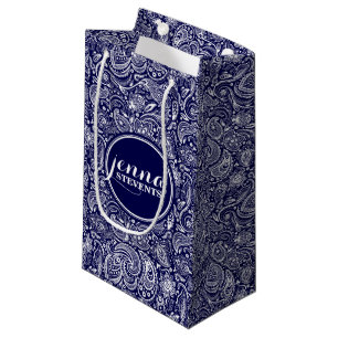 Monogramed Dark Blue & White Vintage Paisley 2 Small Gift Bag
