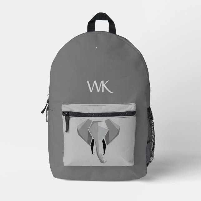 Monogramed Elephant Head Design Grey Printed Backpack (Front)