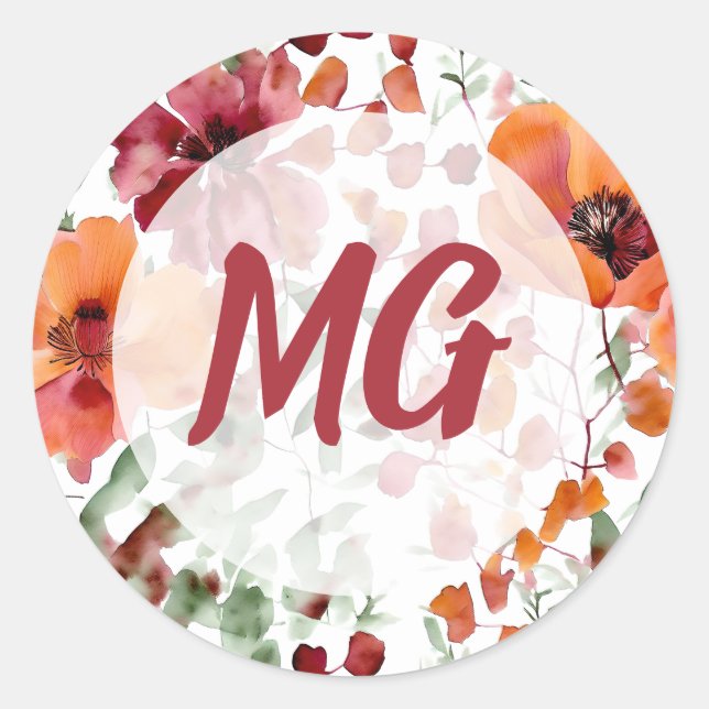 Monogramed Fall Floral  Classic Round Sticker (Front)