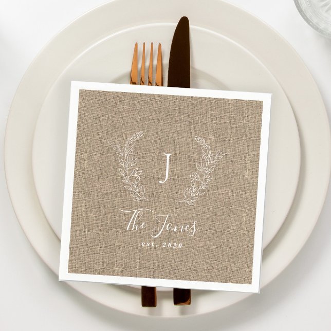 Monogramed family name personalised burlap rustic napkin (Creator Uploaded)