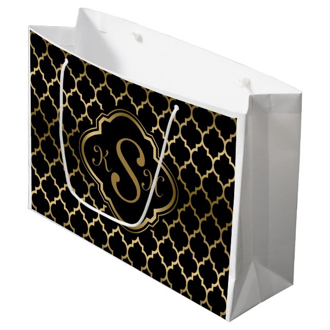 Monogramed Gold & Black Quatrefoil Pattern Large Gift Bag (Front Angled)
