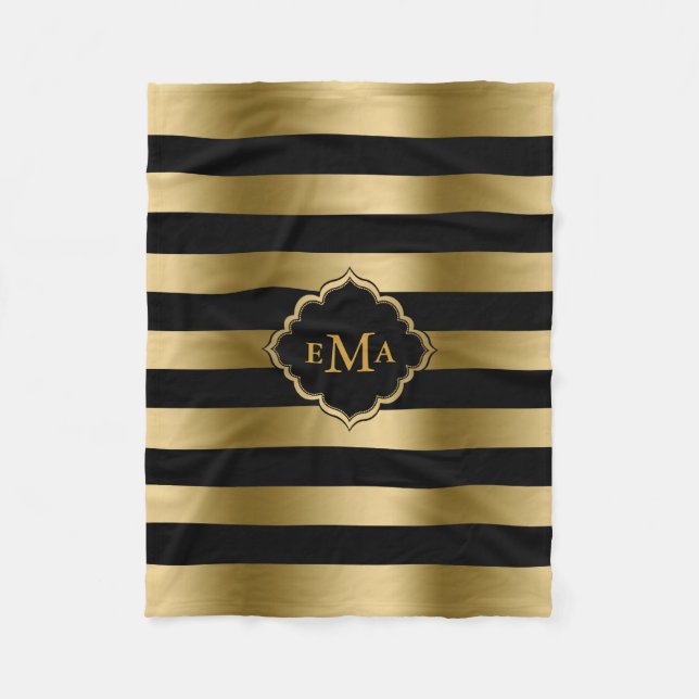 Monogramed Gold & Black Stripes Geometric Pattern Fleece Blanket (Front)