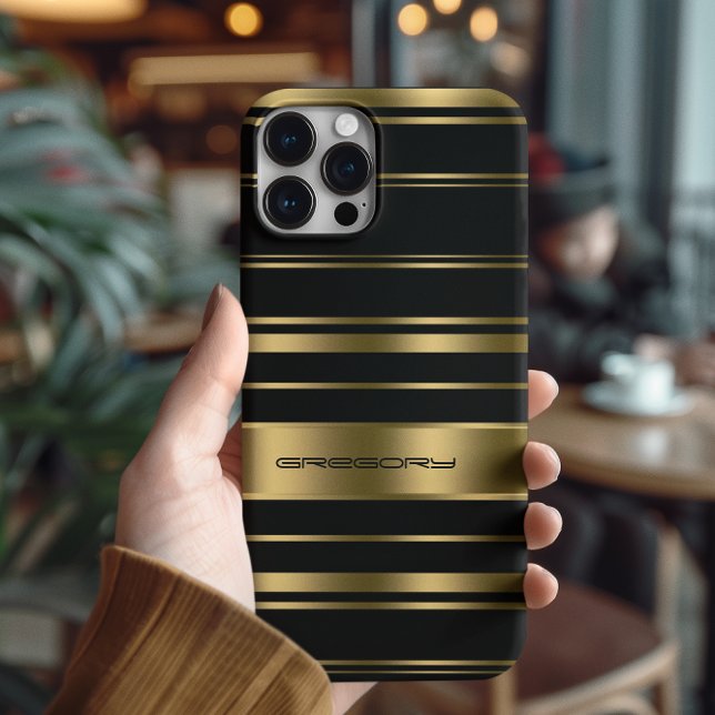Monogramed Gold & Black Stripes Pattern Case-Mate iPhone Case (Creator Uploaded)