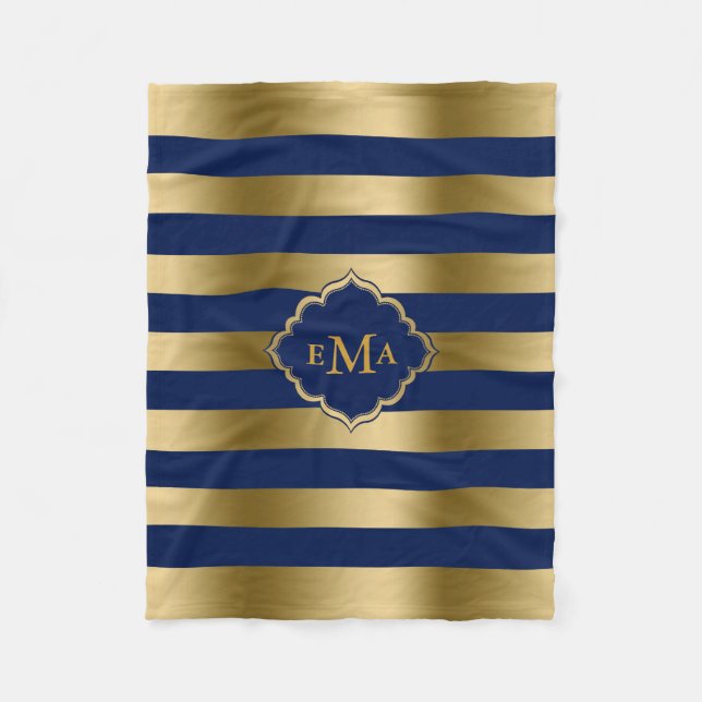 Monogramed Gold & Blue Stripes Geometric Pattern Fleece Blanket (Front)