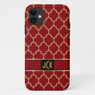 Monogramed Gold & Burgundy Geometric Quatrefoil 2 iPhone 11 Case