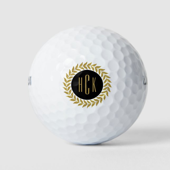 Monogramed Gold Glitter Wreath Black Circle Golf Balls (Front)