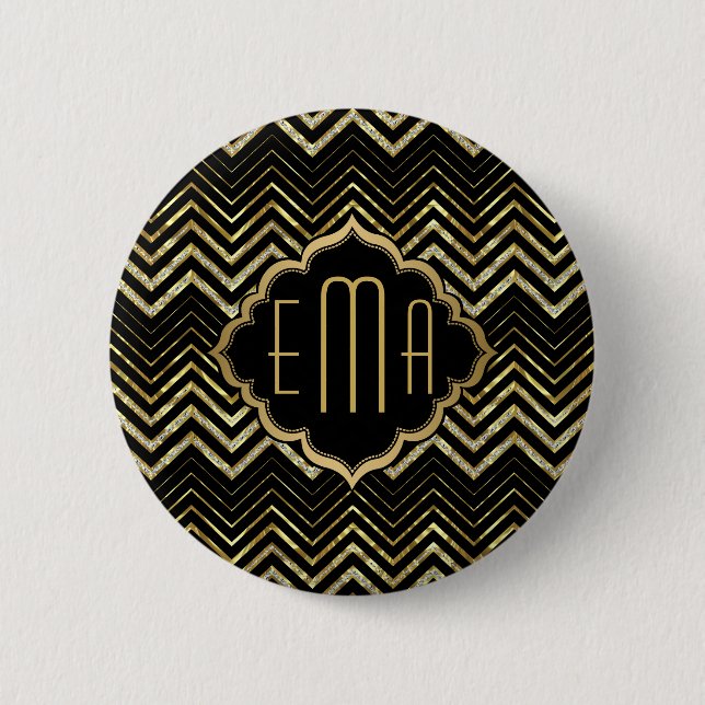 Monogramed Gold Glitter & Zigzag Chevron Pattern 6 Cm Round Badge (Front)