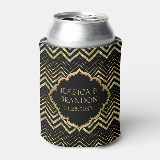 Monogramed Gold Glitter & Zigzag Chevron Pattern Can Cooler (Can Front)